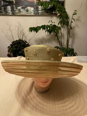 Elegant Metallic Gold Wide-Brim Straw Hat with Gold Sequined Floral Accents